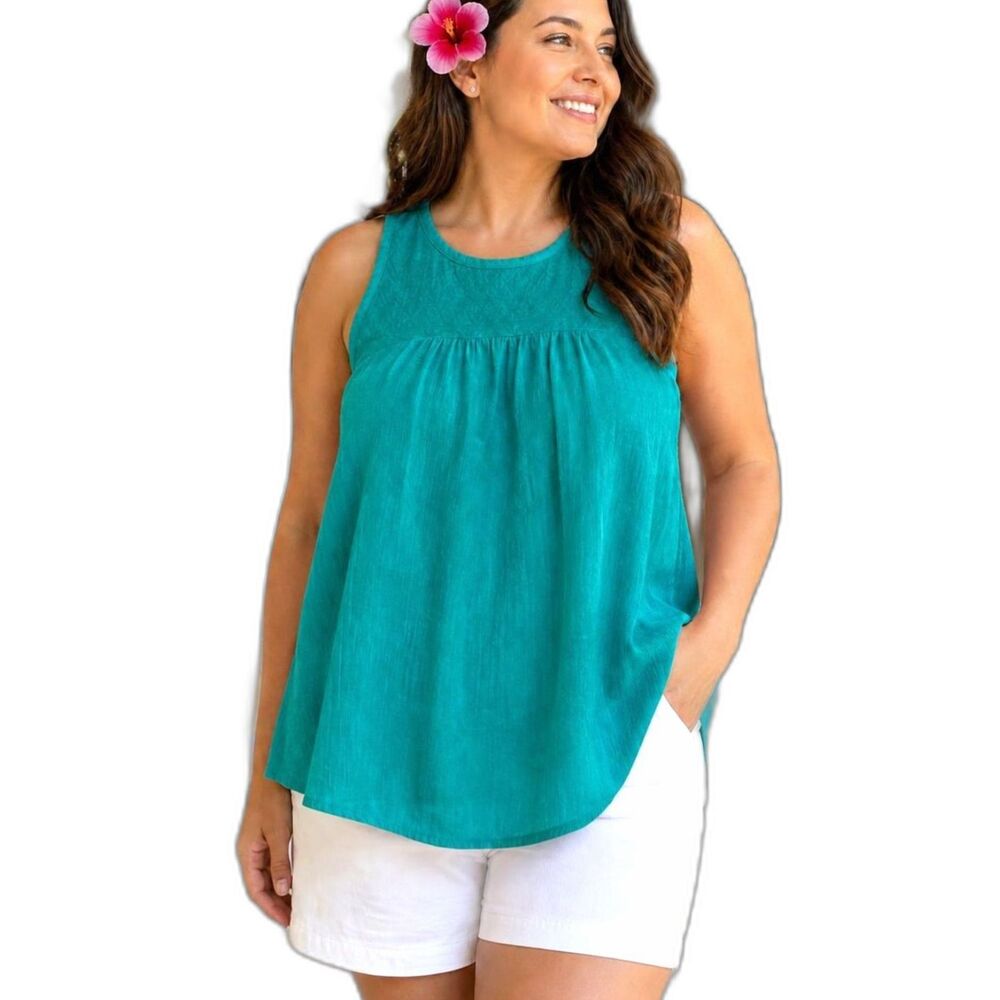 Roxy Teal Racerback Tank Blouse Textured Diamond Jacquard Crinkle Gauze Flowy L
